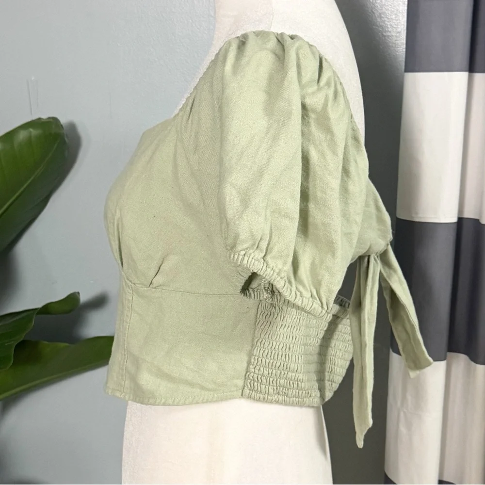Hollister Sage Green Puff Sleeve Crop Top Linen Blend Size Large
